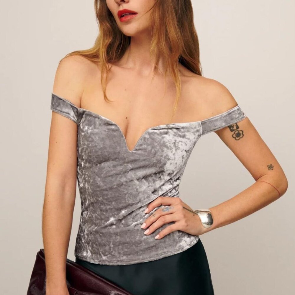 REFORMATION 'Andria' off-the-shoulder knit top in moonlight velvet NWT